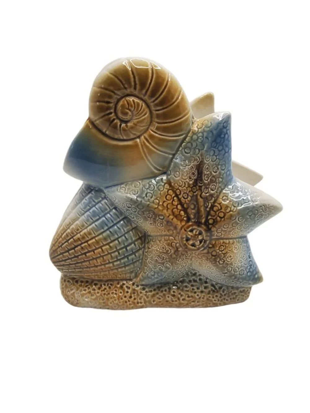vintage ocean side sea shell ceramic starfish and shell napkin holder